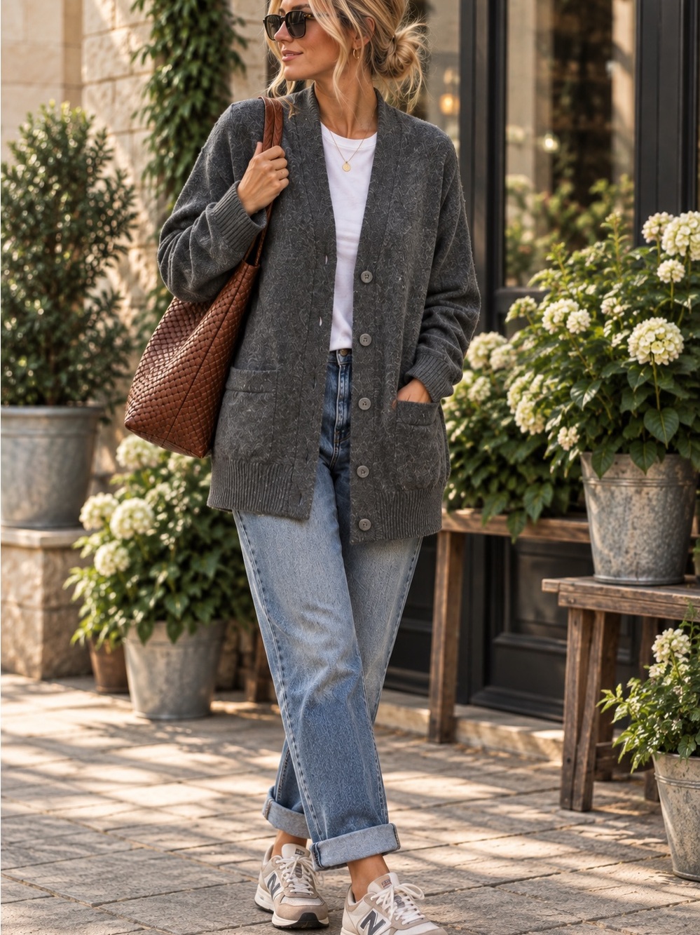 Orvis Womenโs 100% Cashmere Cardigan Oversized Grandpa Sweater Pockets-Charcoal